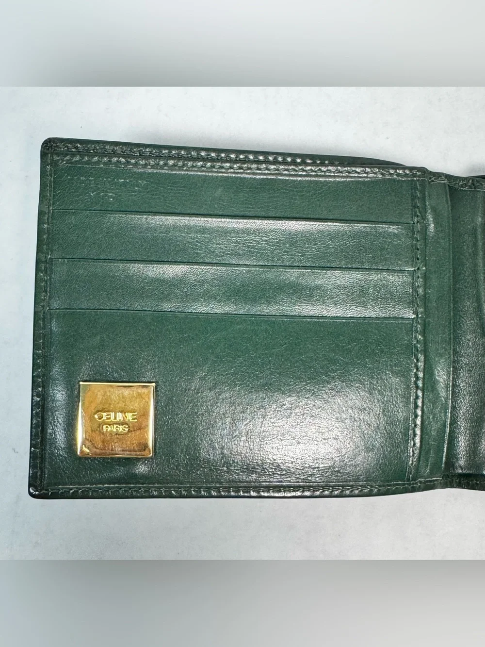 Celine Paris Vintage Green Leather Bifold Wallet Gold Logo Unisex